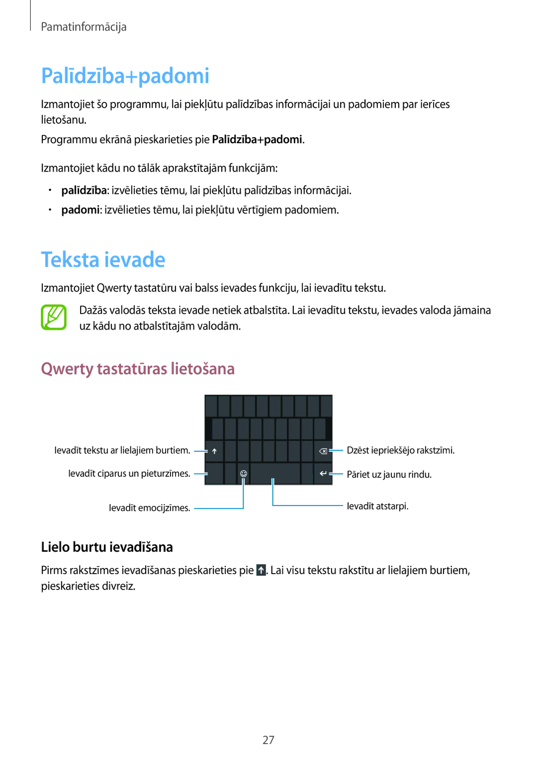 Samsung GT-I8750ALASEB manual Palīdzība+padomi, Teksta ievade, Qwerty tastatūras lietošana, Lielo burtu ievadīšana 