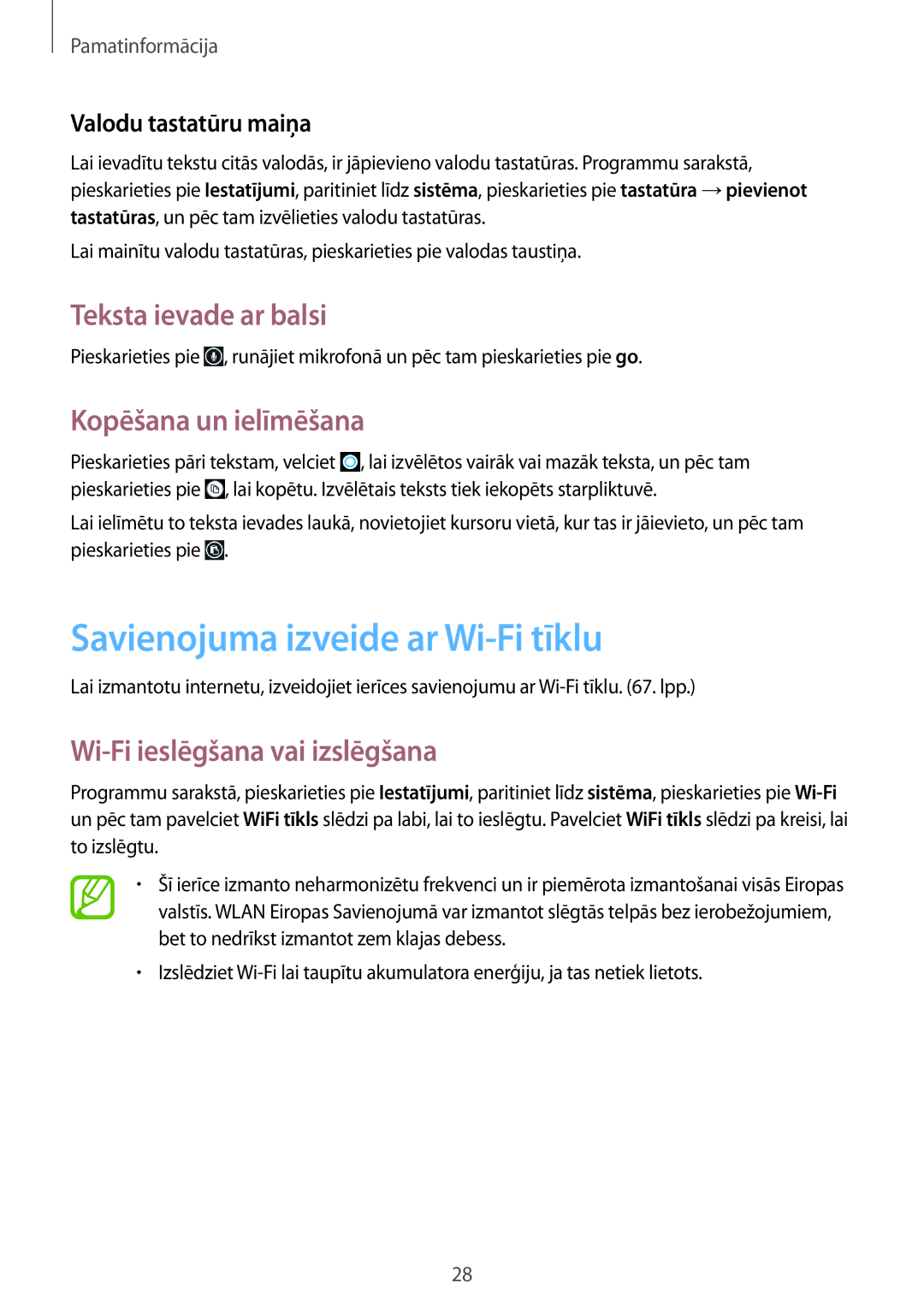 Samsung GT-I8750ALASEB manual Savienojuma izveide ar Wi-Fi tīklu, Teksta ievade ar balsi, Kopēšana un ielīmēšana 