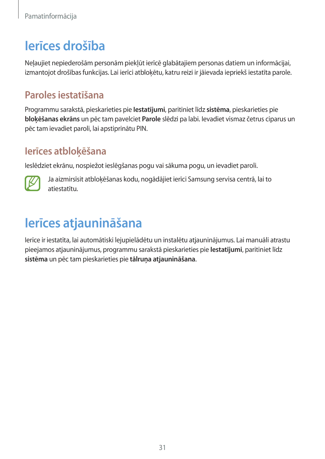 Samsung GT-I8750ALASEB manual Ierīces drošība, Ierīces atjaunināšana, Paroles iestatīšana, Ierīces atbloķēšana 