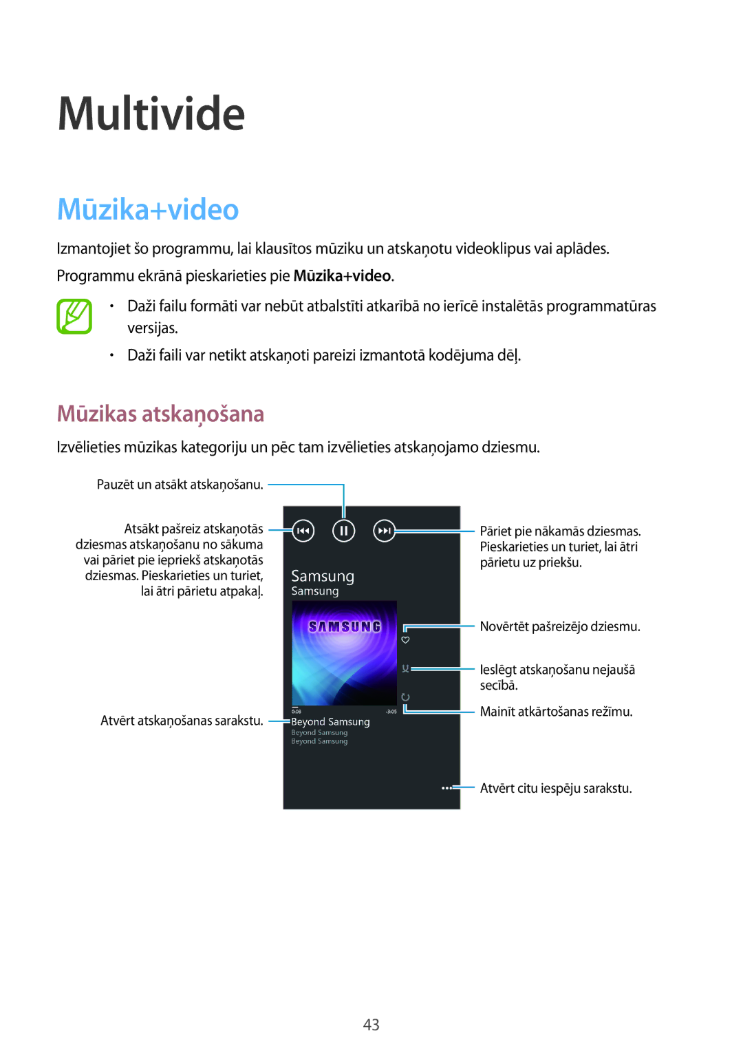 Samsung GT-I8750ALASEB manual Multivide, Mūzika+video, Mūzikas atskaņošana 