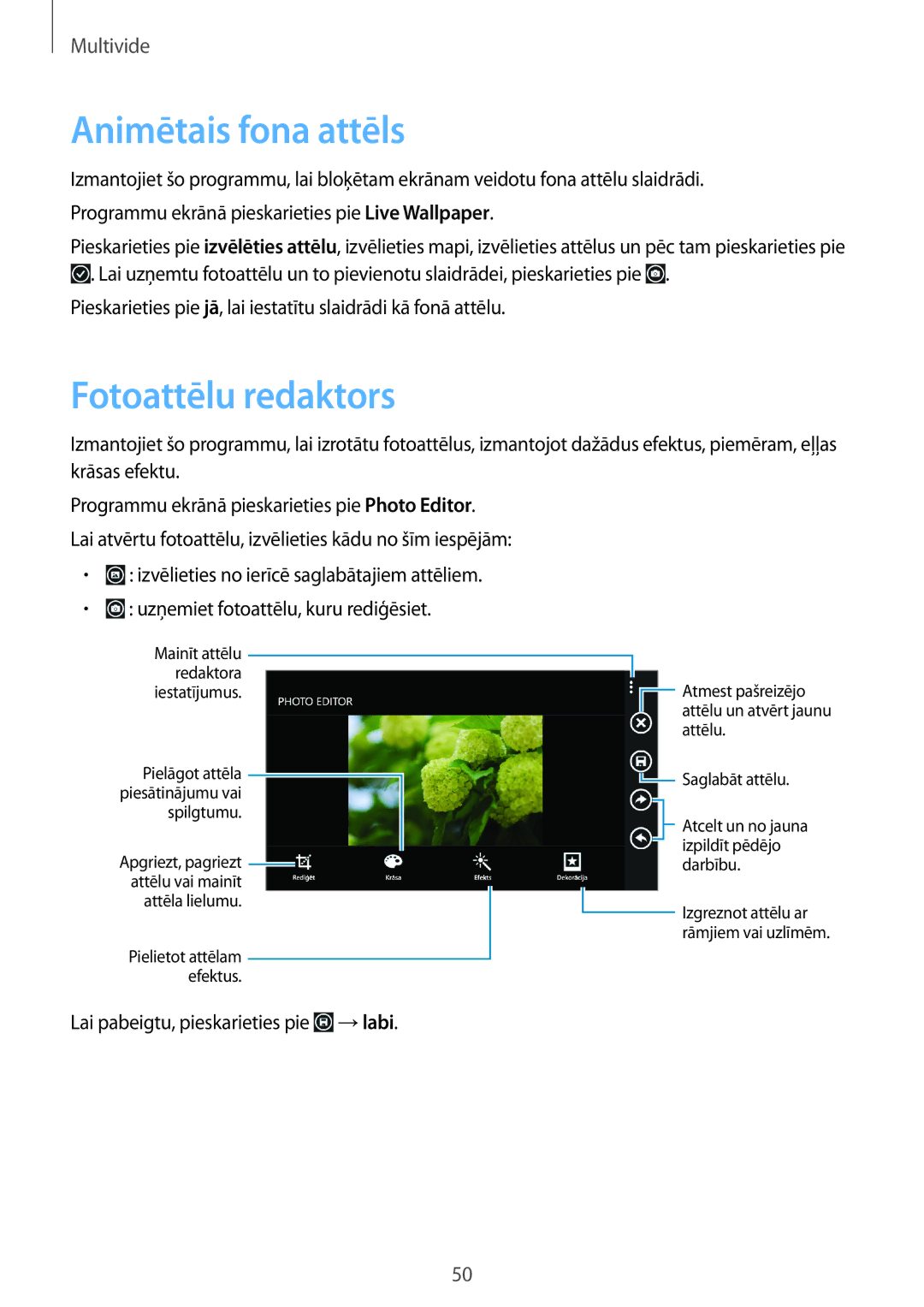 Samsung GT-I8750ALASEB manual Animētais fona attēls, Fotoattēlu redaktors 