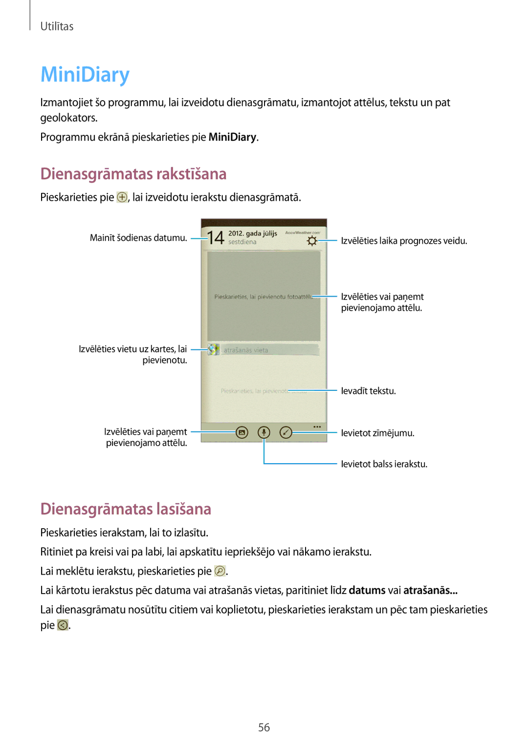 Samsung GT-I8750ALASEB manual MiniDiary, Dienasgrāmatas rakstīšana, Dienasgrāmatas lasīšana 