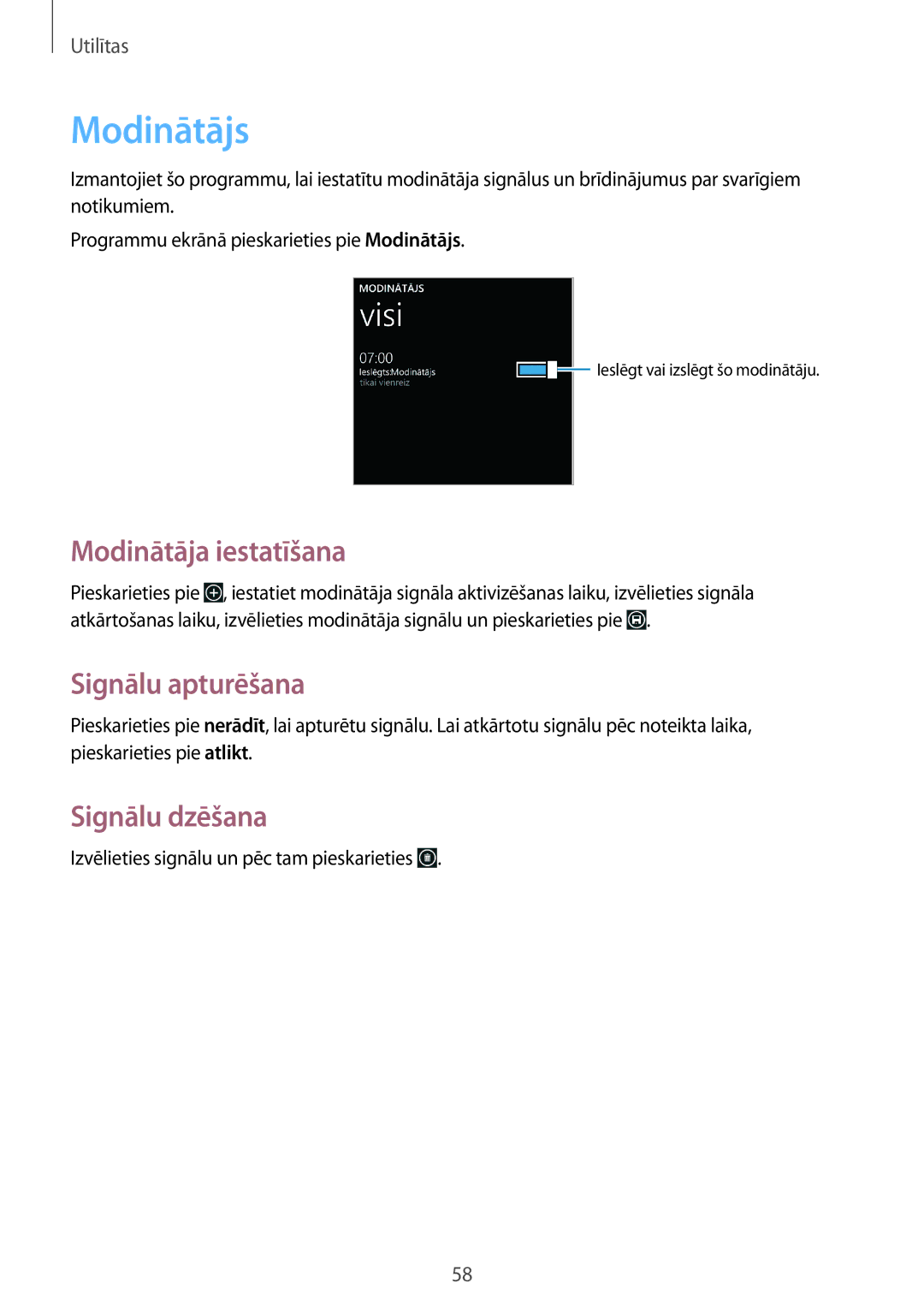 Samsung GT-I8750ALASEB manual Modinātājs, Modinātāja iestatīšana, Signālu apturēšana, Signālu dzēšana 