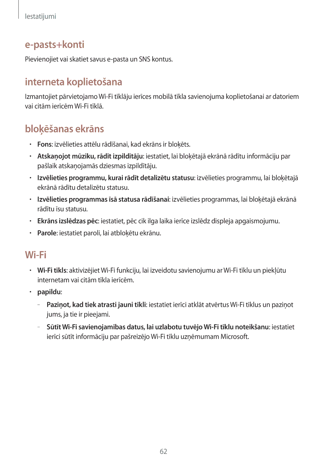 Samsung GT-I8750ALASEB manual Pasts+konti, Interneta koplietošana, Bloķēšanas ekrāns, Wi-Fi 