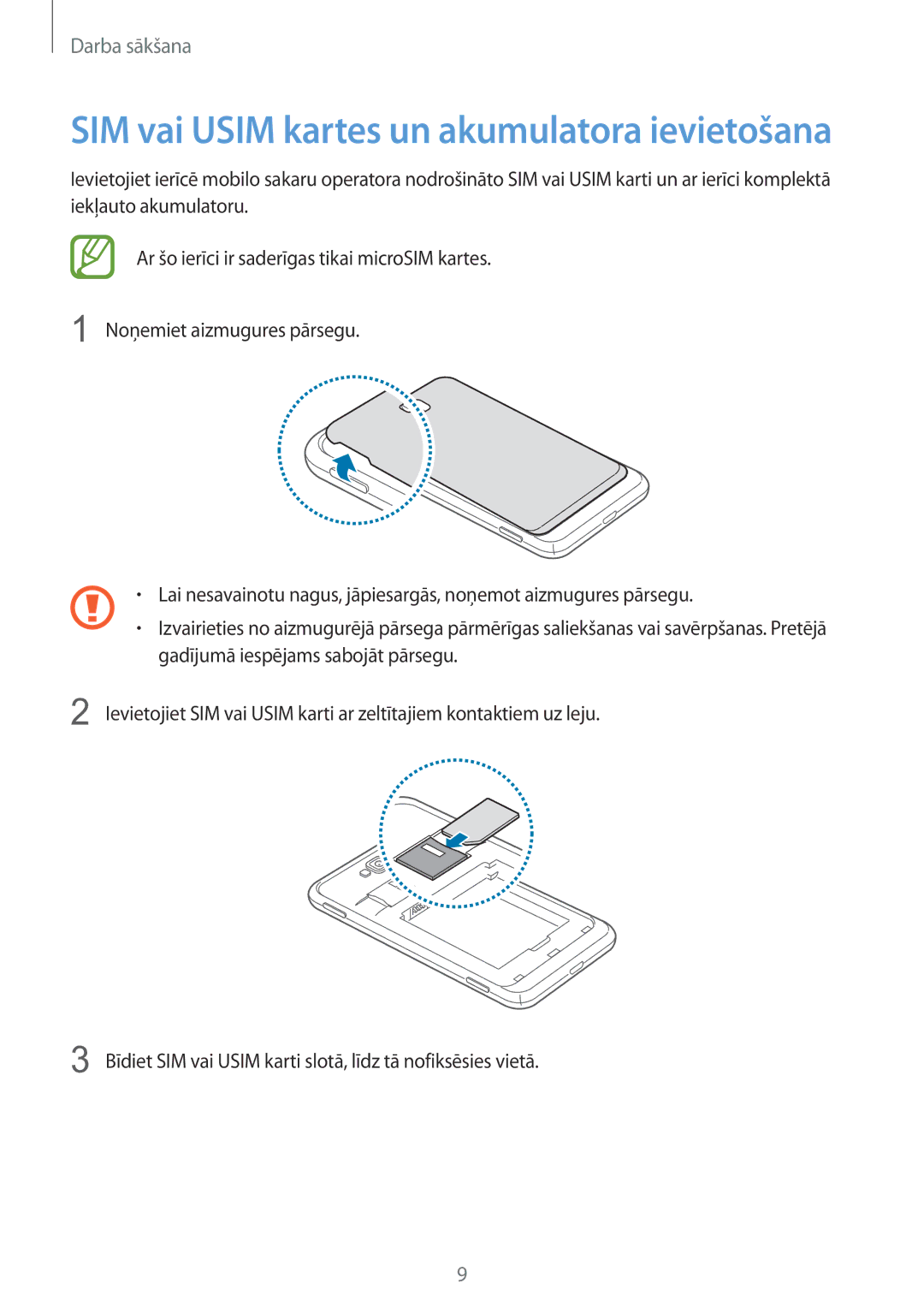 Samsung GT-I8750ALASEB manual SIM vai Usim kartes un akumulatora ievietošana 