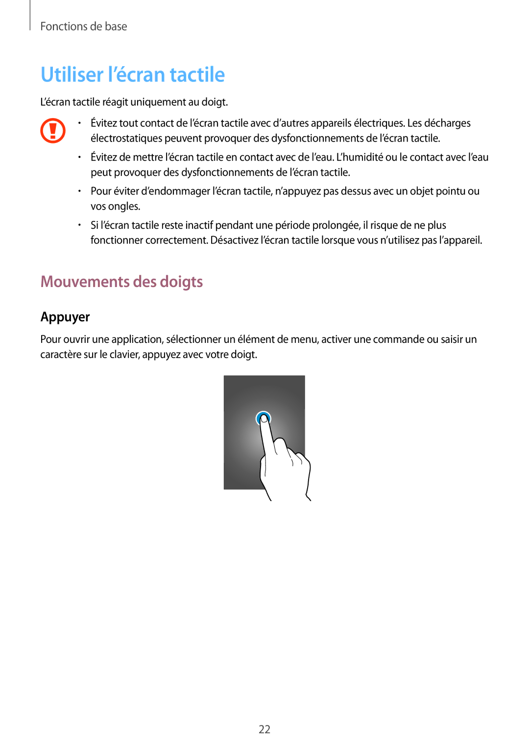 Samsung GT-I8750ALAXEF manual Utiliser l’écran tactile, Mouvements des doigts, Appuyer 