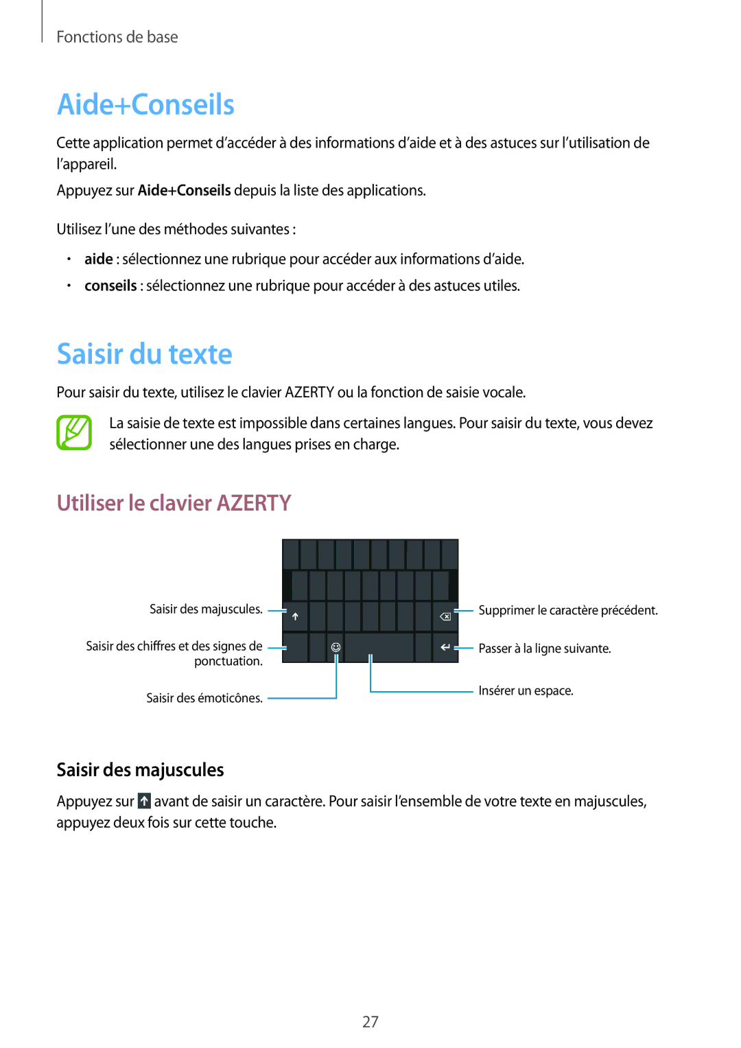 Samsung GT-I8750ALAXEF manual Aide+Conseils, Saisir du texte, Utiliser le clavier Azerty, Saisir des majuscules 