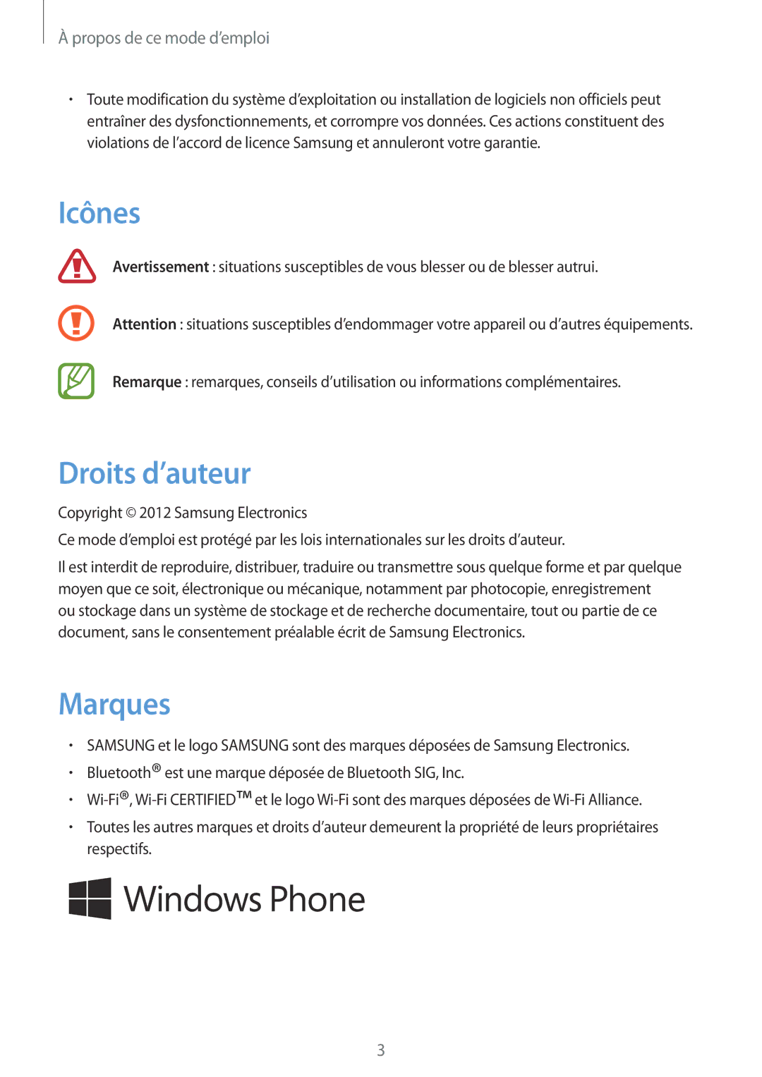 Samsung GT-I8750ALAXEF manual Icônes, Droits d’auteur, Marques 