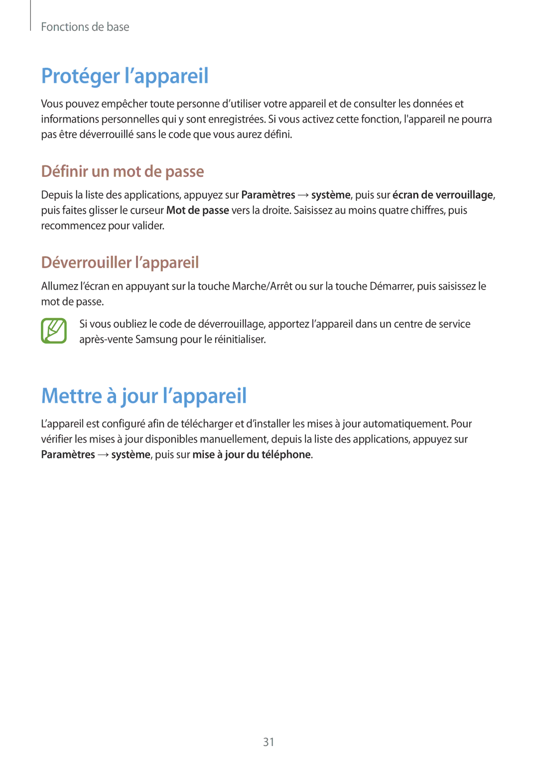 Samsung GT-I8750ALAXEF Protéger l’appareil, Mettre à jour l’appareil, Définir un mot de passe, Déverrouiller l’appareil 