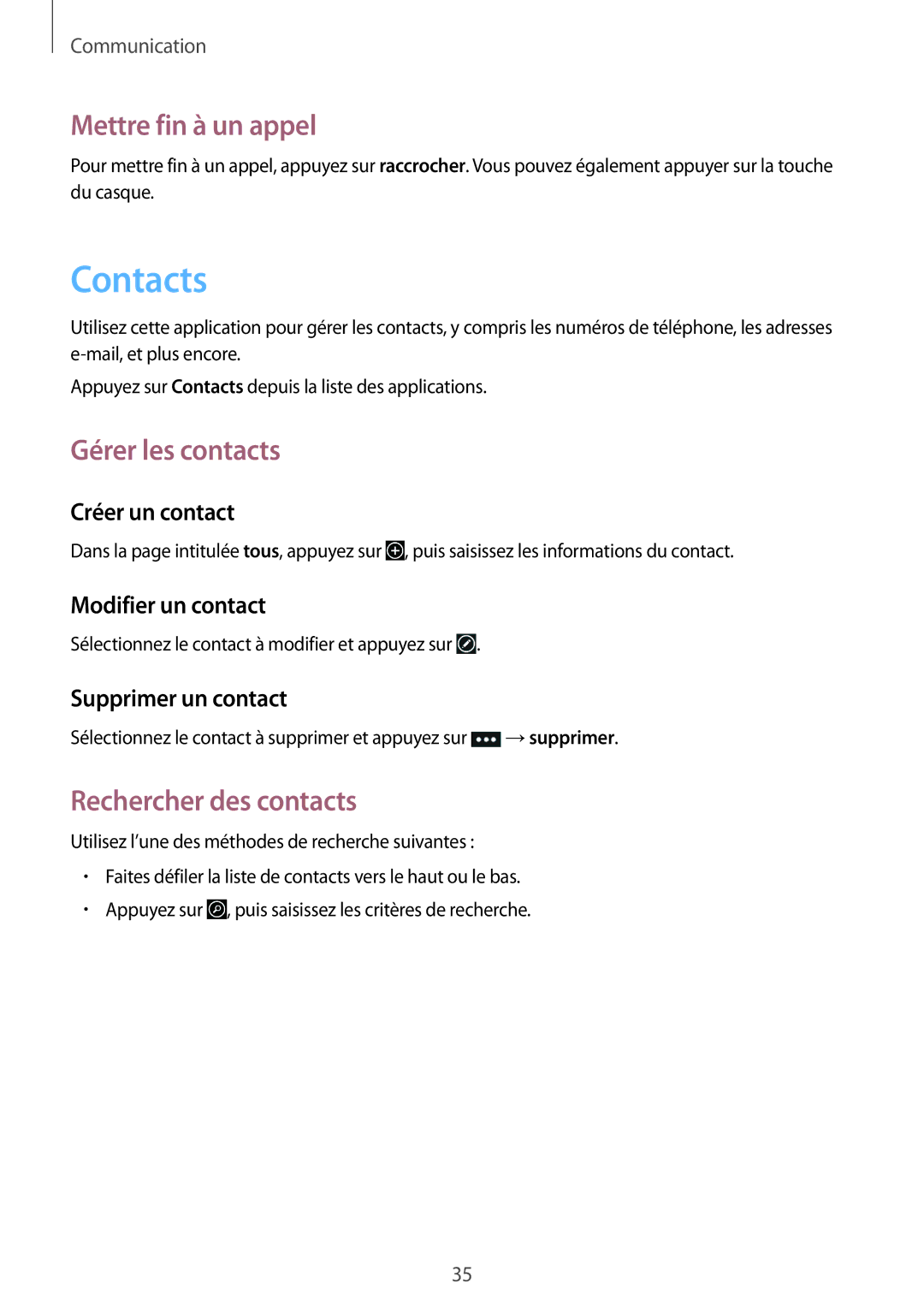 Samsung GT-I8750ALAXEF manual Contacts, Mettre fin à un appel, Gérer les contacts, Rechercher des contacts 