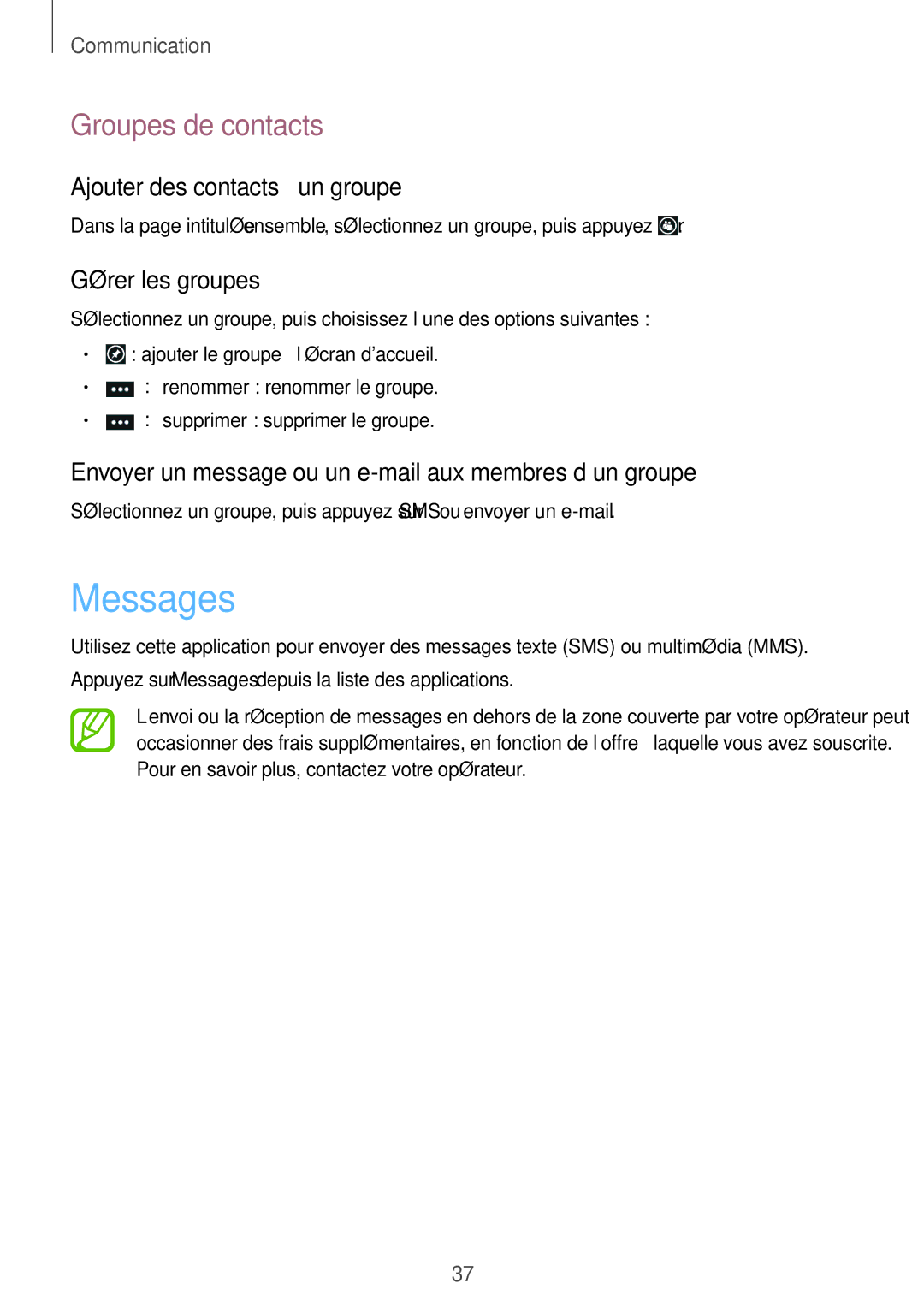 Samsung GT-I8750ALAXEF manual Messages, Groupes de contacts, Ajouter des contacts à un groupe, Gérer les groupes 