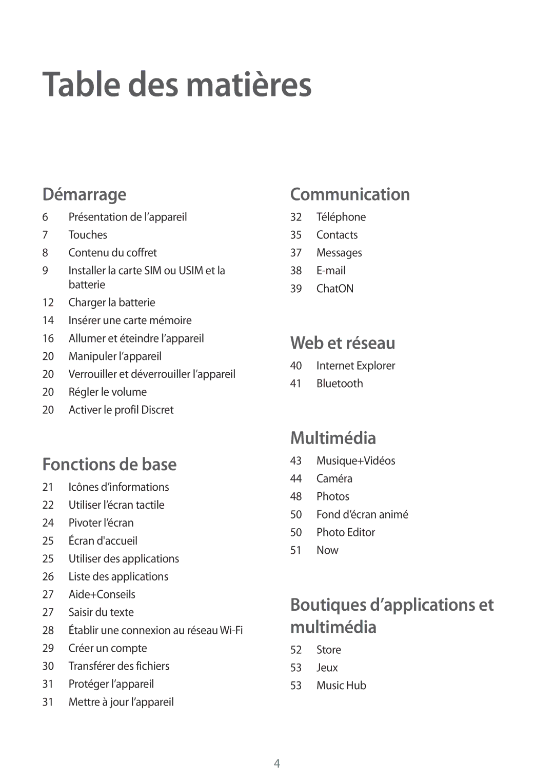 Samsung GT-I8750ALAXEF manual Table des matières, Démarrage 