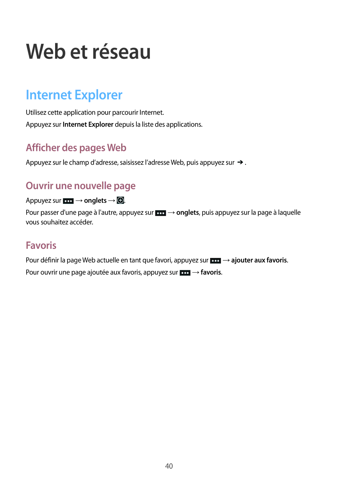 Samsung GT-I8750ALAXEF manual Web et réseau, Internet Explorer, Afficher des pages Web, Ouvrir une nouvelle, Favoris 