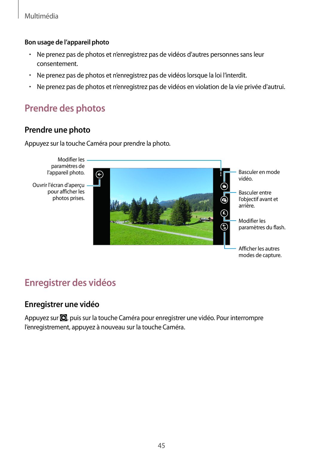 Samsung GT-I8750ALAXEF manual Prendre des photos, Enregistrer des vidéos, Prendre une photo, Enregistrer une vidéo 