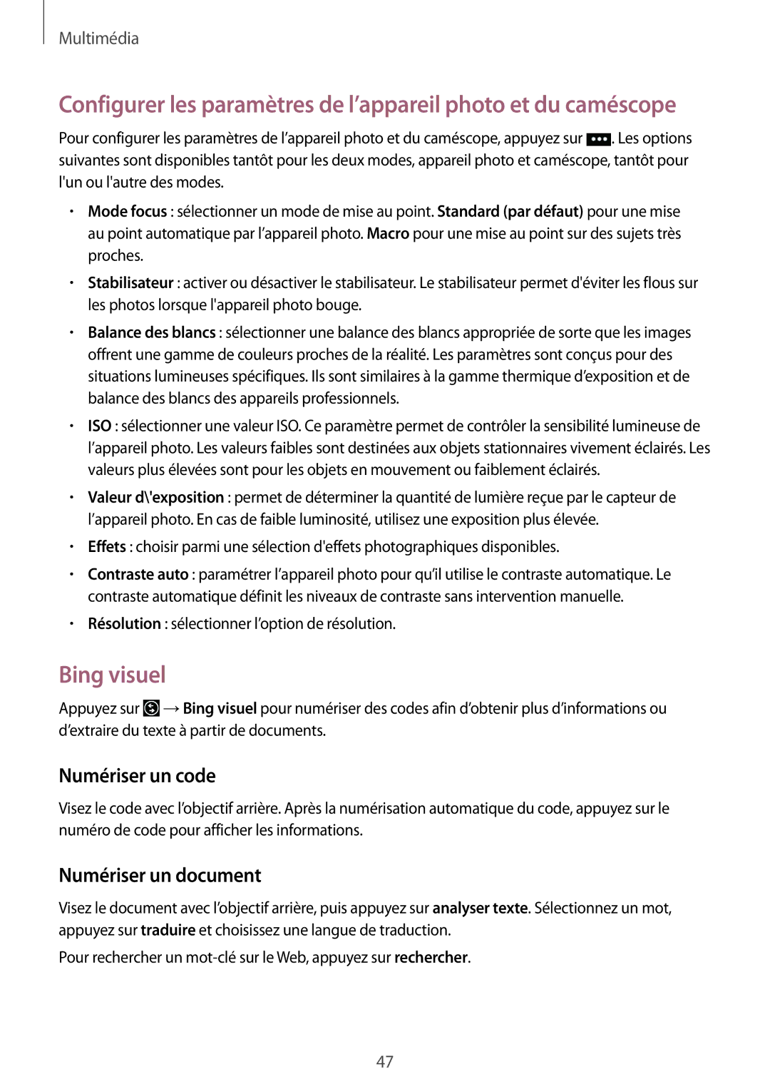 Samsung GT-I8750ALAXEF manual Bing visuel, Numériser un code, Numériser un document 