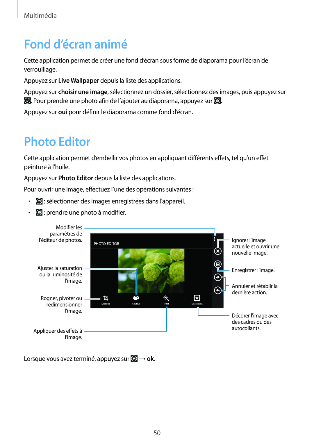 Samsung GT-I8750ALAXEF manual Fond d’écran animé, Photo Editor 