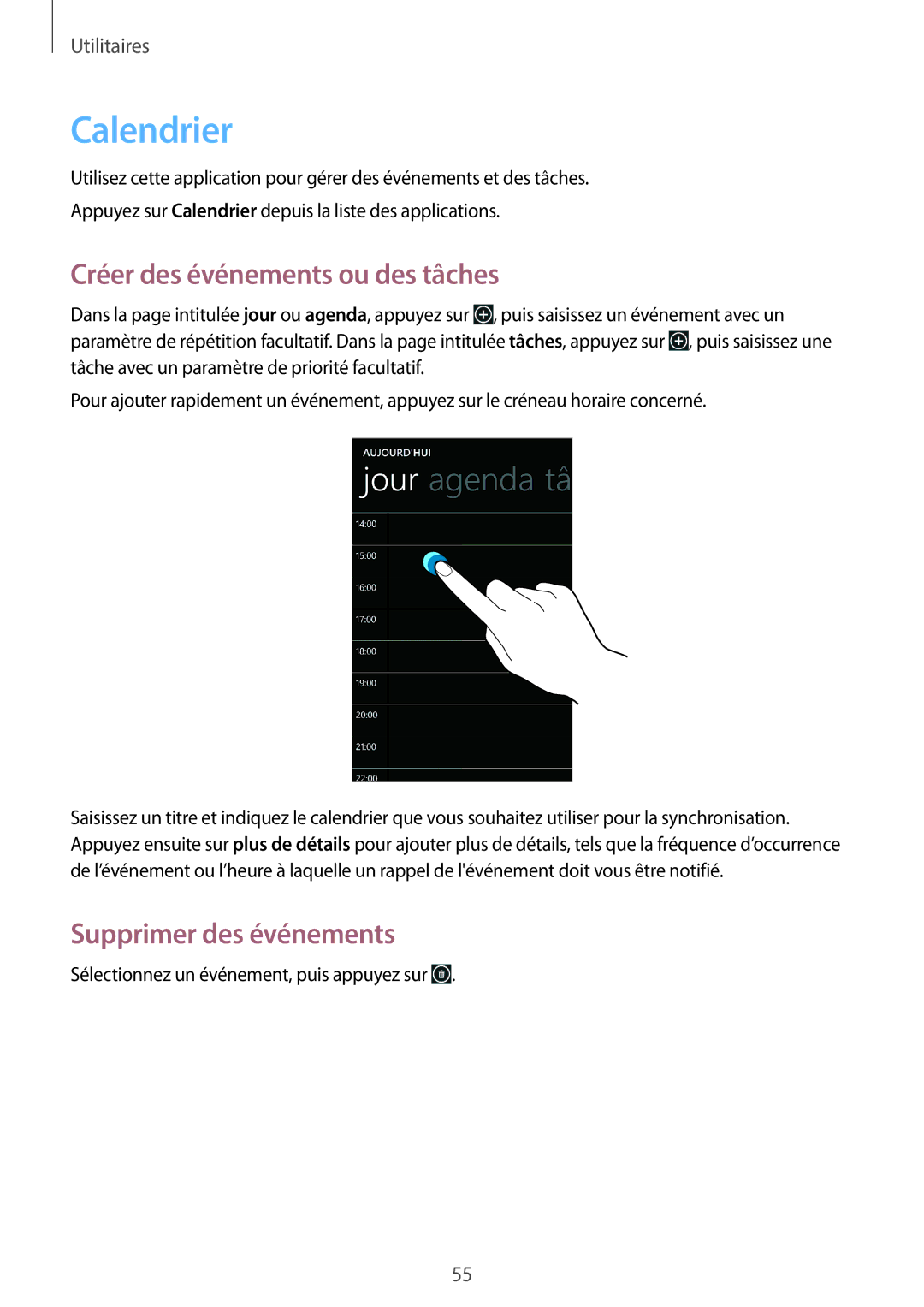 Samsung GT-I8750ALAXEF manual Calendrier, Créer des événements ou des tâches, Supprimer des événements 