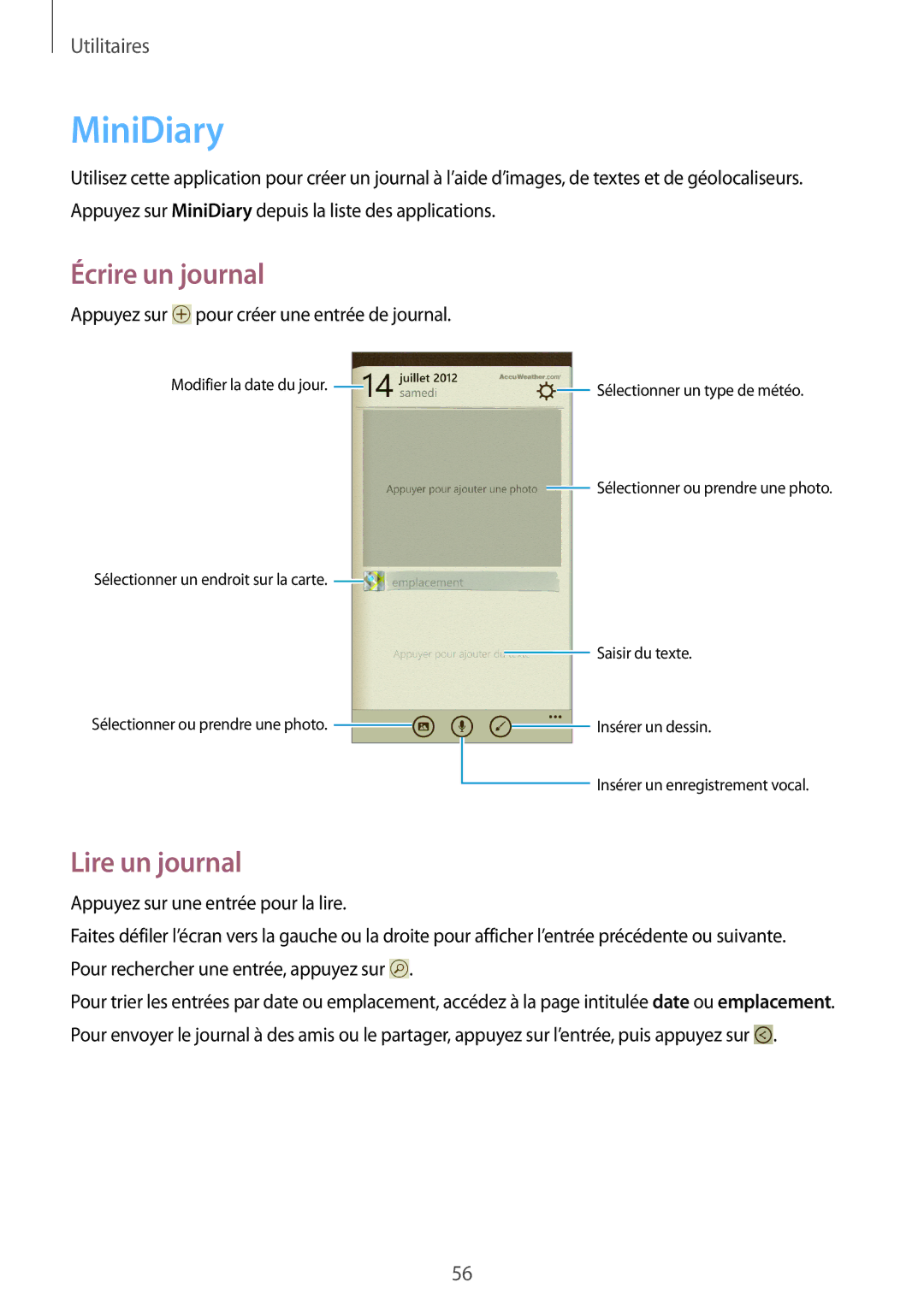 Samsung GT-I8750ALAXEF manual MiniDiary, Écrire un journal, Lire un journal 