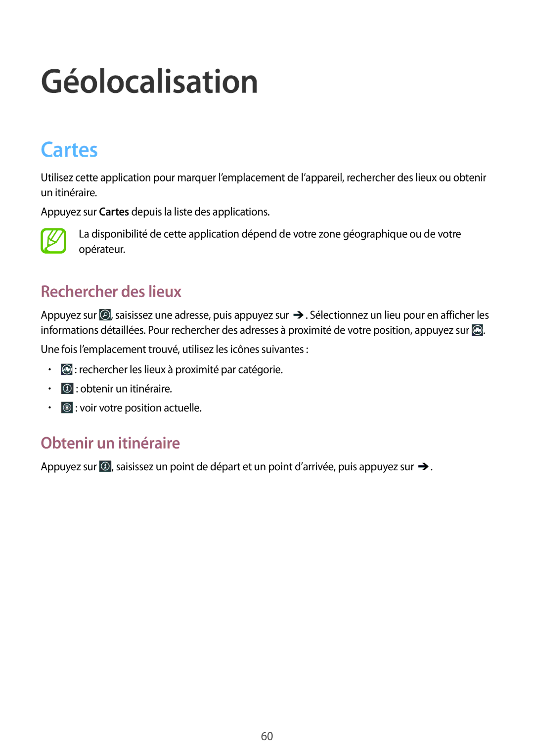 Samsung GT-I8750ALAXEF manual Géolocalisation, Cartes, Rechercher des lieux, Obtenir un itinéraire 