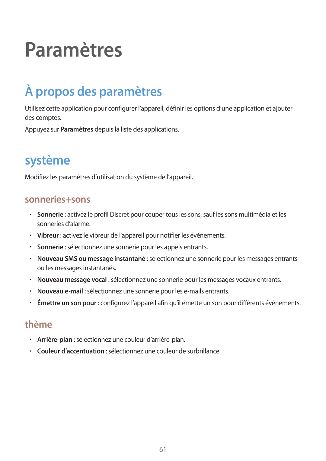 Samsung GT-I8750ALAXEF manual Paramètres, Propos des paramètres, Système, Sonneries+sons, Thème 