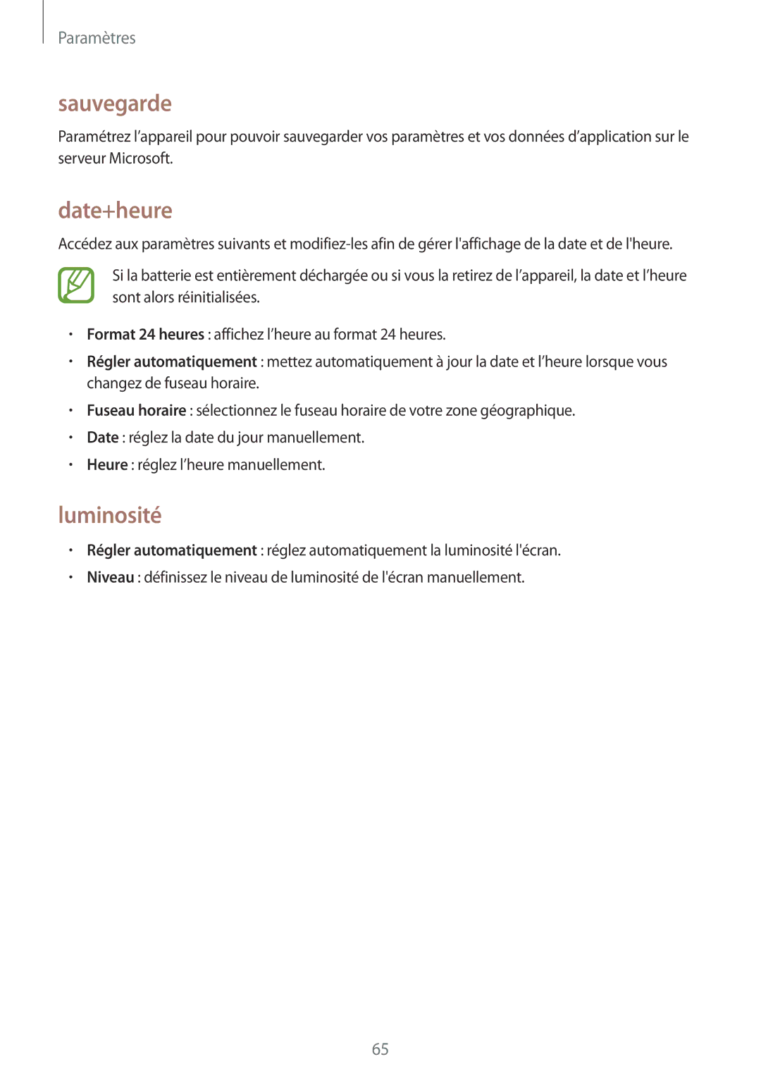 Samsung GT-I8750ALAXEF manual Sauvegarde, Date+heure, Luminosité 