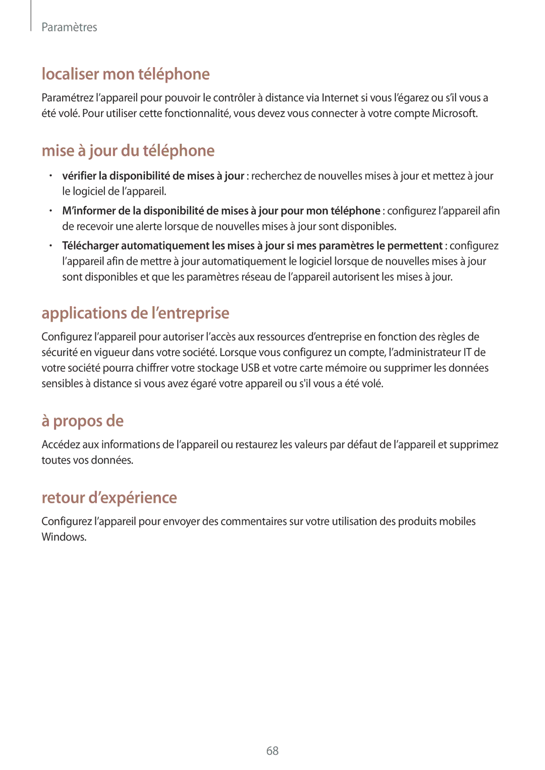 Samsung GT-I8750ALAXEF manual Localiser mon téléphone, Mise à jour du téléphone, Applications de l’entreprise, Propos de 