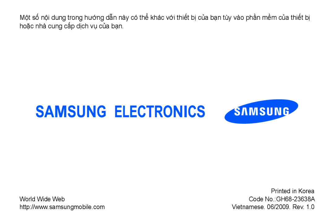 Samsung GT-I8910TSAXEV, GT-I8910BVBXEV, GT-I8910DKBXEV, GT-I8910BVAXEV, GT-I8910DKAXEV manual Vietnamese /2009. Rev 