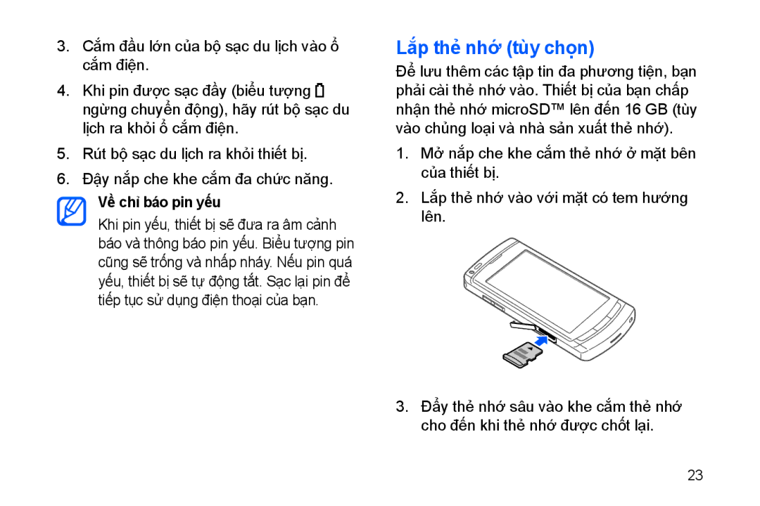 Samsung GT-I8910TSBXEV, GT-I8910BVBXEV, GT-I8910TSAXEV, GT-I8910DKBXEV manual Lăp thẻ nhơ tùy chọn, Về chỉ báo pin yếu 