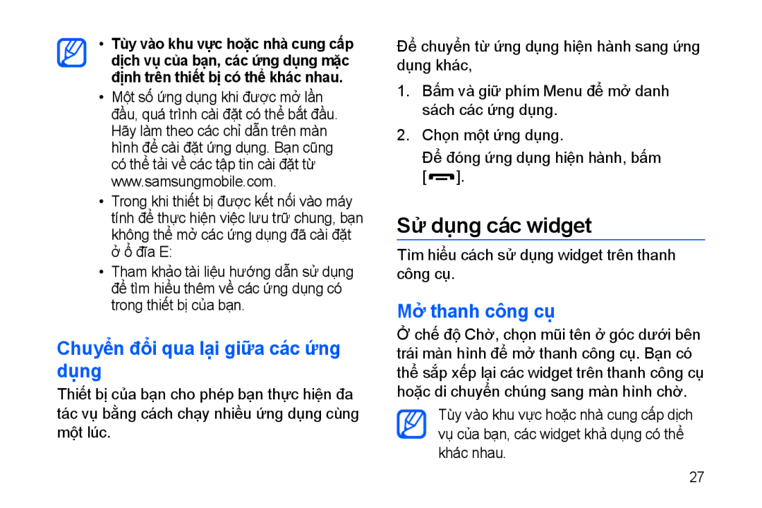 Samsung GT-I8910TSAXEV, GT-I8910BVBXEV manual Sử dụng các widget, Chuyên đổi qua lạ̣i giữ̃a cac ưng dung, Mở thanh công cu 