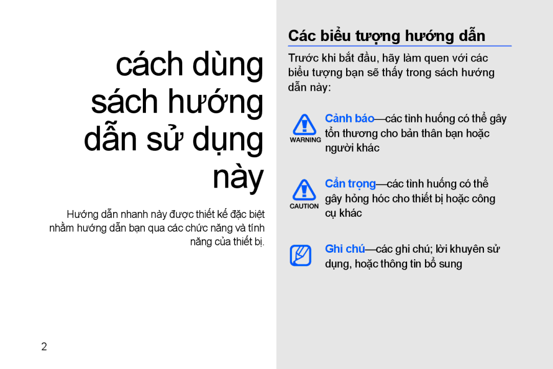 Samsung GT-I8910BVAXEV, GT-I8910BVBXEV, GT-I8910TSAXEV manual Cách dùng sách hướng dẫn sử dụng này, Các biểu tượng hướng dẫn 