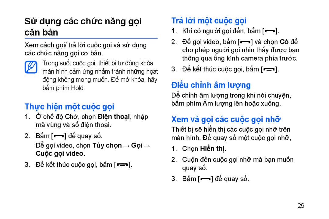 Samsung GT-I8910BVAXEV manual Sư dung cac chưc năng goi căn ban, Thực hiện mộ̣t cuộ̣c gọi, Trả lờ̀i mộ̣t cuộ̣c gọi 