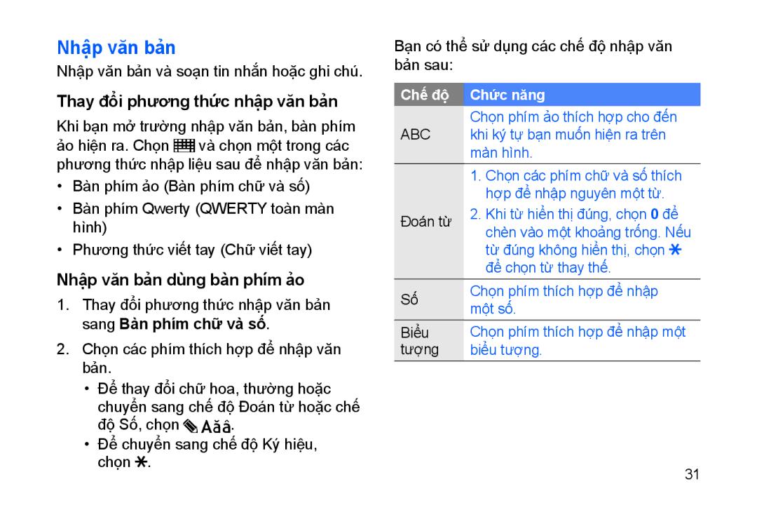 Samsung GT-I8910DKCXEV, GT-I8910BVBXEV manual Nhậ̣p văn bản, Thay đổi phương thức nhập văn bản sang Bàn phím chữ̃ và số 