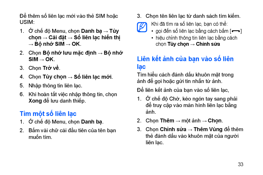 Samsung GT-I8910BVDXEV, GT-I8910BVBXEV, GT-I8910TSAXEV manual Tìm mộ̣t số liên lạ̣c, Liên kết ảnh của bạ̣n vào số liên lạ̣c 