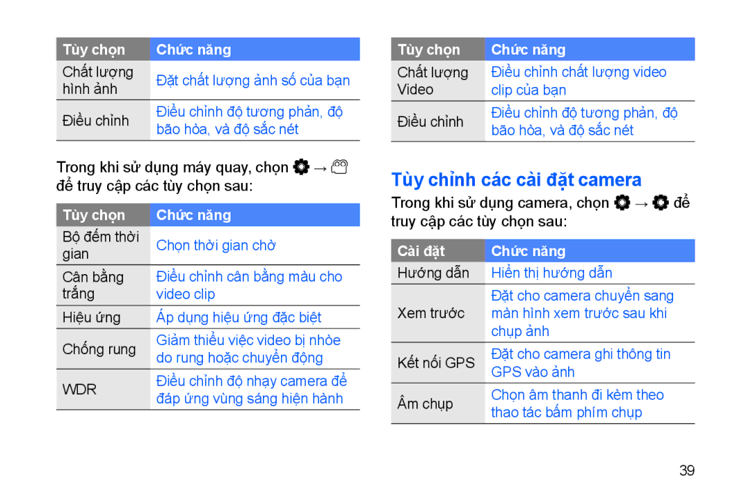 Samsung GT-I8910DKAXEV, GT-I8910BVBXEV, GT-I8910TSAXEV, GT-I8910DKBXEV manual Tùy chỉnh các cài đặt camera, Cài đặt Chức năng 
