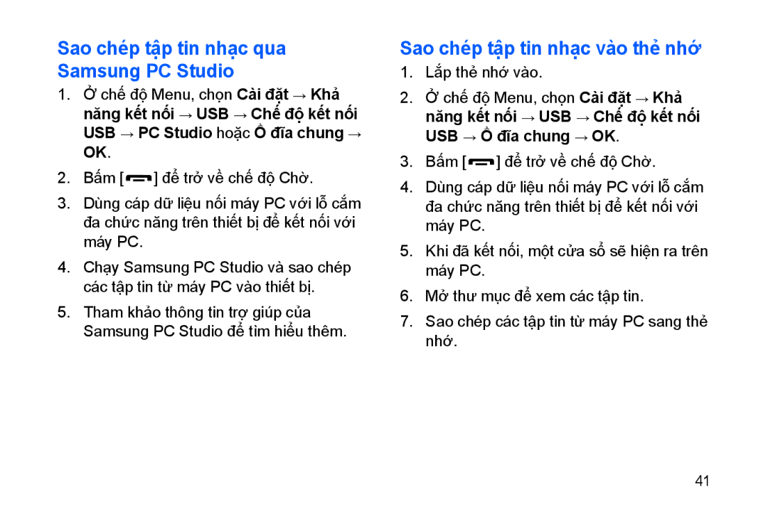 Samsung GT-I8910TSBXEV manual Sao ché́p tậ̣p tin nhạ̣c qua Samsung PC Studio, Sao ché́p tậ̣p tin nhạ̣c vào thẻ̉ nhớ 