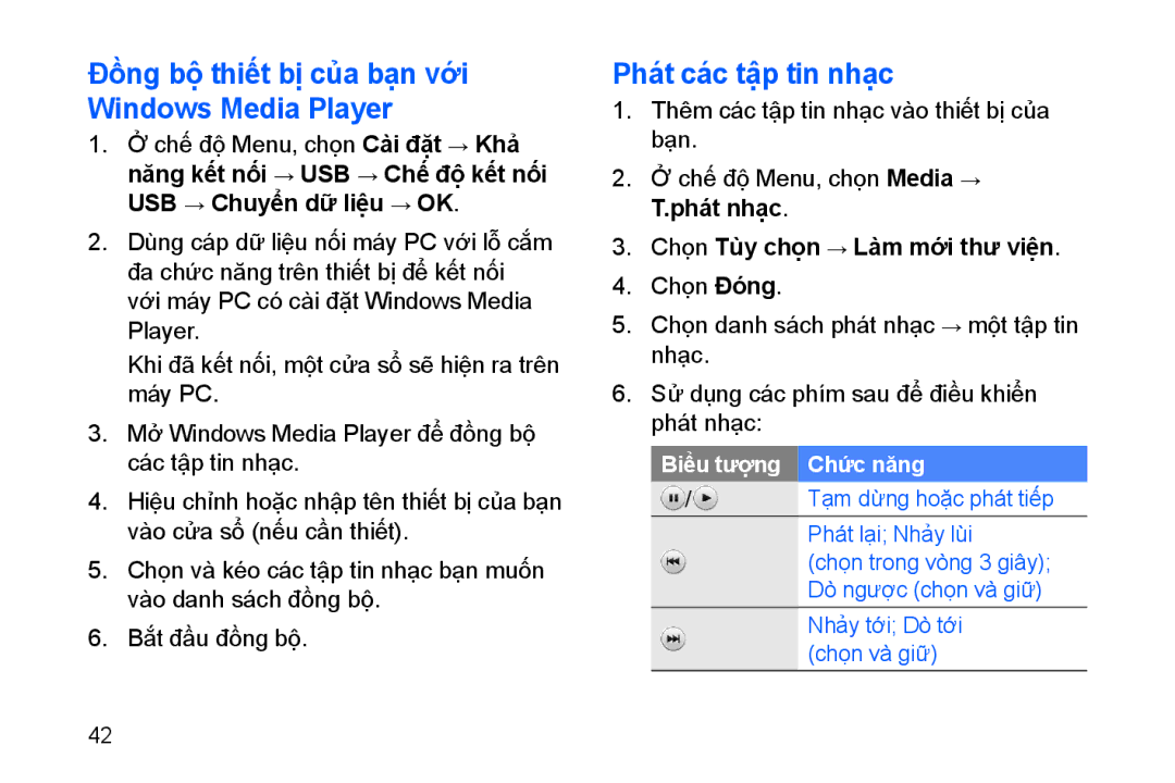 Samsung GT-I8910BVDXEV, GT-I8910BVBXEV manual Đồng bộ̣ thiết bị̣ của bạ̣n với Windows Media Player, Phát cac tập tin nhạc 