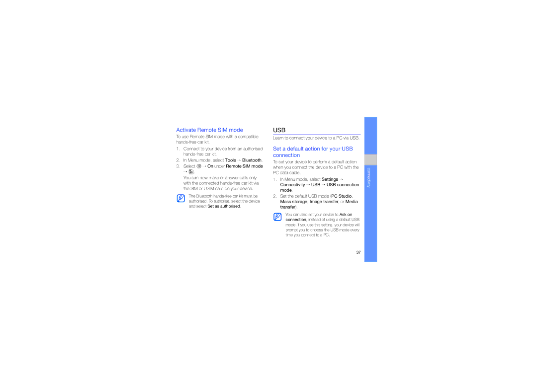 Samsung GT-I8910DKDXEV, GT-I8910BVBXEV manual Activate Remote SIM mode, Set a default action for your USB connection 