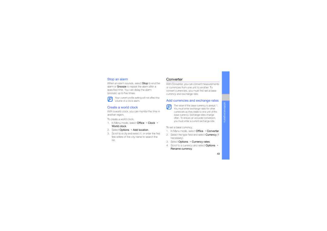 Samsung GT-I8910DKCXEV, GT-I8910BVBXEV Converter, Stop an alarm, Create a world clock, Add currencies and exchange rates 