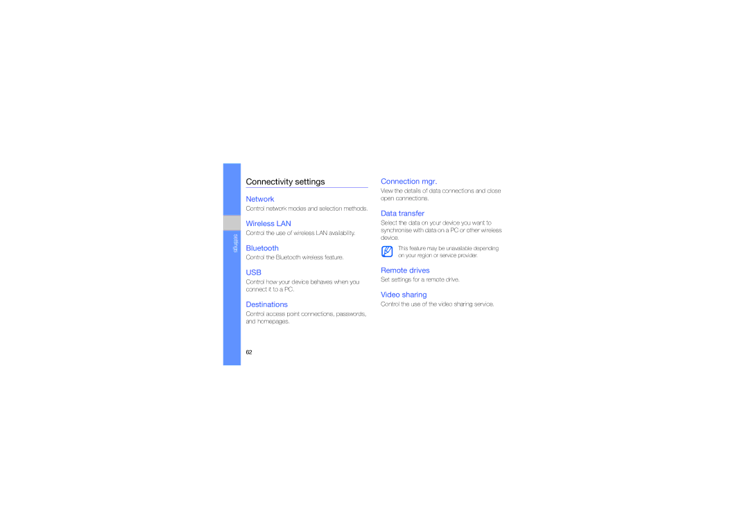 Samsung GT-I8910TSBXEV, GT-I8910BVBXEV, GT-I8910TSAXEV, GT-I8910DKBXEV, GT-I8910BVAXEV, GT-I8910DKAXEV Connectivity settings 