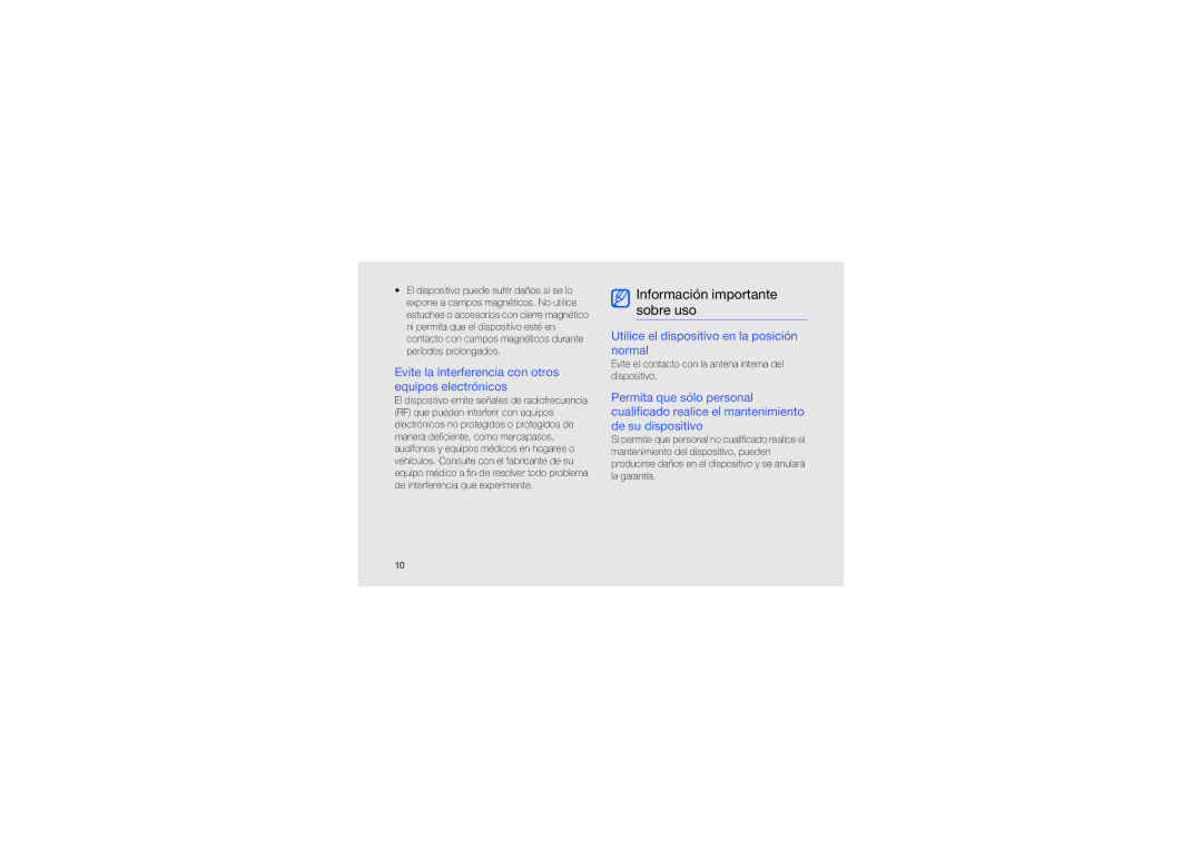Samsung GT-I8910TSBXEC manual Información importante sobre uso, Evite la interferencia con otros equipos electrónicos 