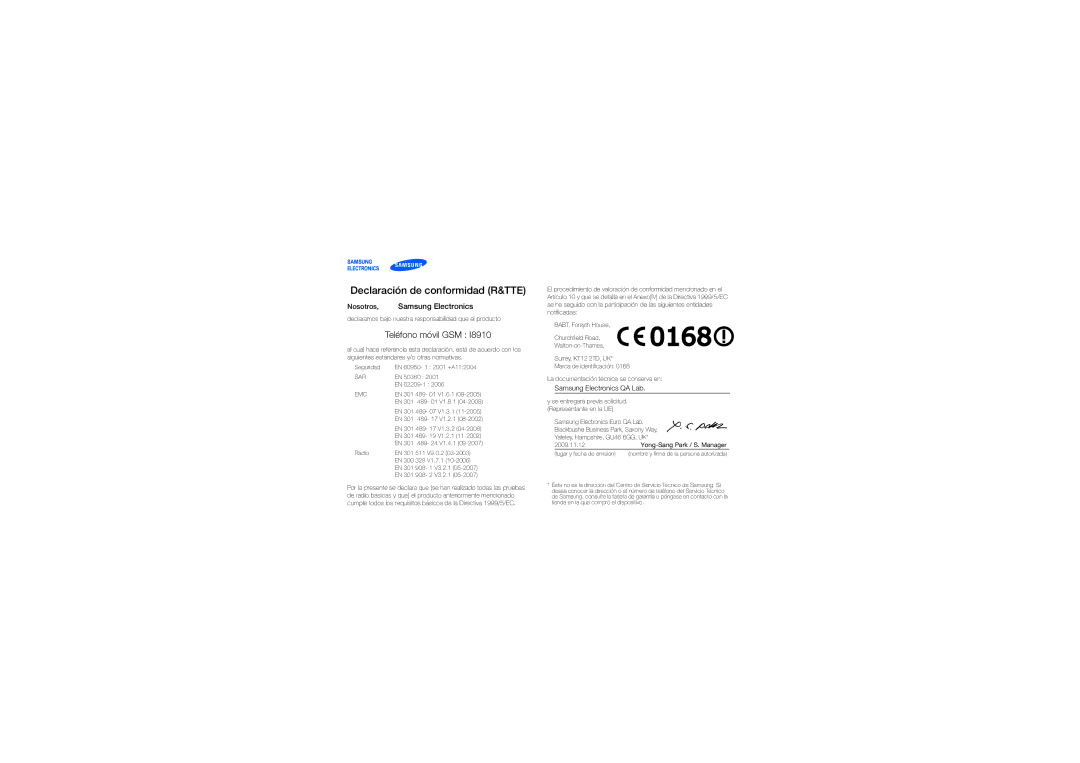 Samsung GT-I8910PKAXEC, GT-I8910DKASUN, GT-I8910TSAXEC, GT-I8910DKJXEC Declaración de conformidad R&TTE, Teléfono móvil GSM 