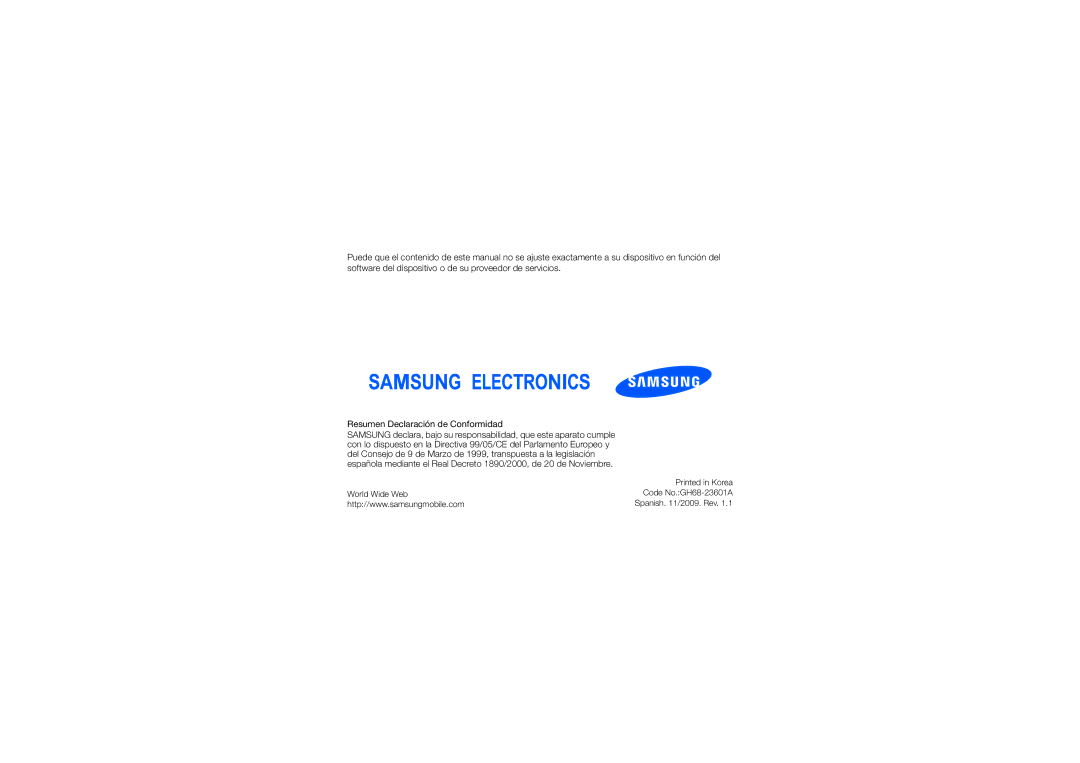 Samsung GT-I8910DKJXEC, GT-I8910DKASUN, GT-I8910TSAXEC, GT-I8910PKAXEC, GT-I8910DKAAMN World Wide Web Code No.GH68-23601A 