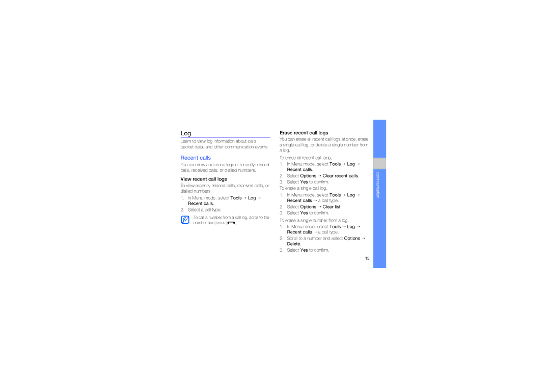 Samsung GT-I8910DKNWIN, GT-I8910DKCDBT, GT-I8910DKASUN Log, Recent calls, View recent call logs, Erase recent call logs 