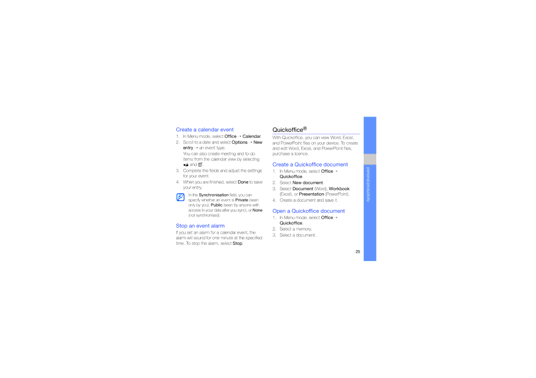 Samsung GT-I8910DKAXEC, GT-I8910DKCDBT Create a calendar event, Stop an event alarm, Create a Quickoffice document 