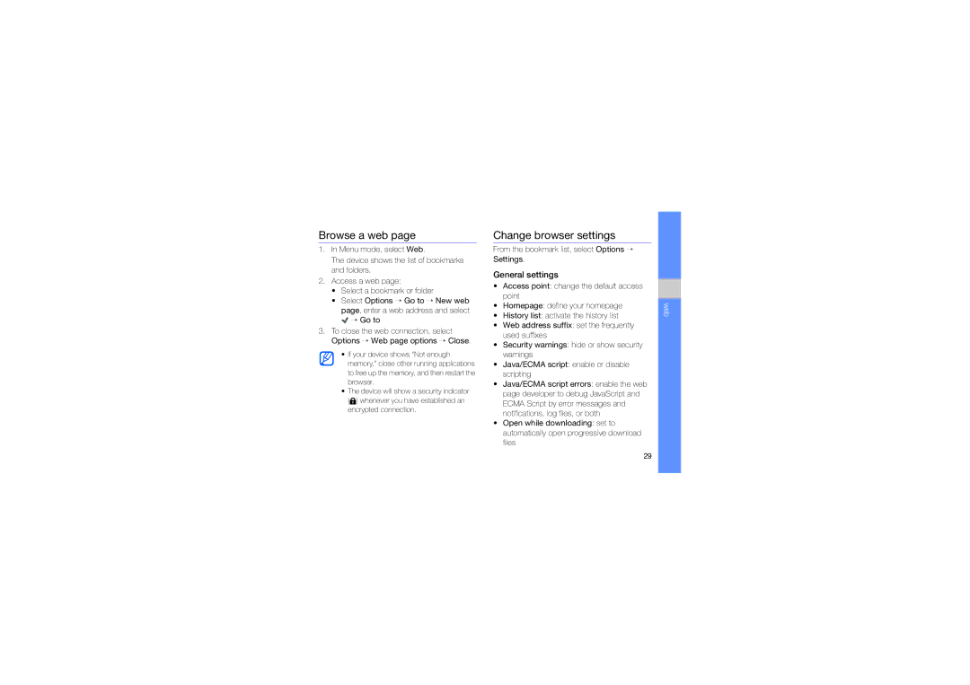 Samsung GT-I8910TSBXEC, GT-I8910DKCDBT, GT-I8910DKASUN manual Browse a web, Change browser settings, General settings 