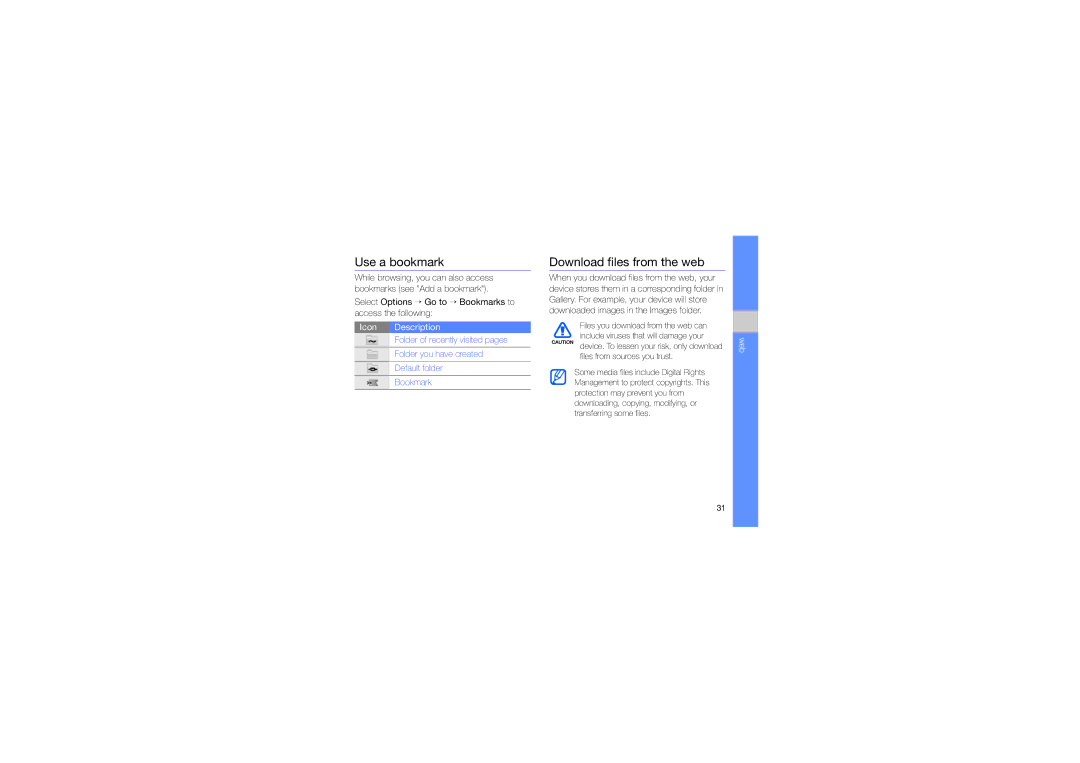 Samsung GT-I8910TSAFOP, GT-I8910DKCDBT, GT-I8910DKASUN, GT-I8910DKADBT manual Use a bookmark, Download files from the web 