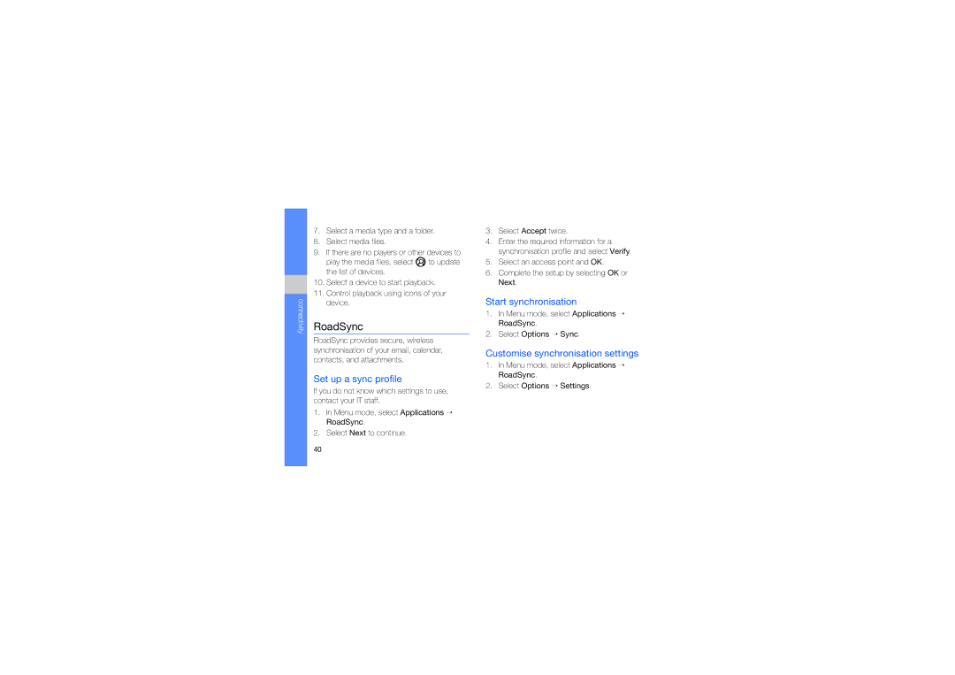 Samsung GT-I8910DKOFOP manual RoadSync, Set up a sync profile, Start synchronisation, Customise synchronisation settings 