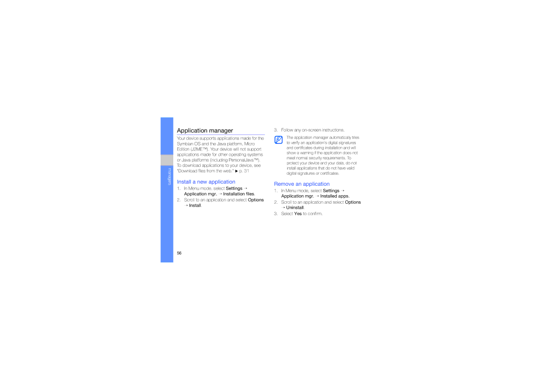 Samsung GT-I8910DKAAWF, GT-I8910DKCDBT manual Application manager, Install a new application, Remove an application 