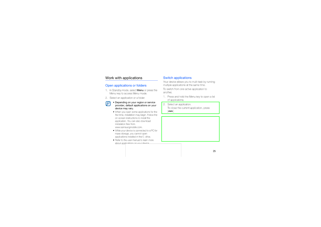 Samsung GT-I8910DKAFWB, GT-I8910DKCDBT manual Work with applications, Open applications or folders, Switch applications 