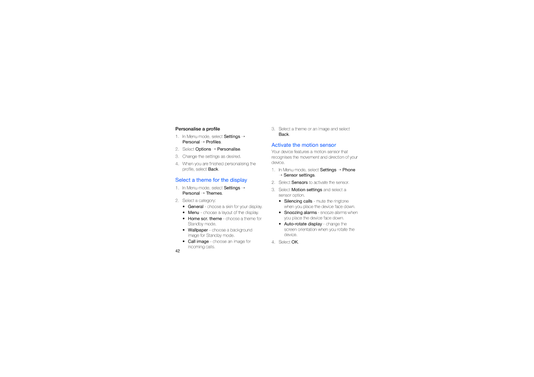 Samsung GT-I8910DKOXEC, GT-I8910DKCDBT, GT-I8910DKASUN manual Select a theme for the display, Activate the motion sensor 